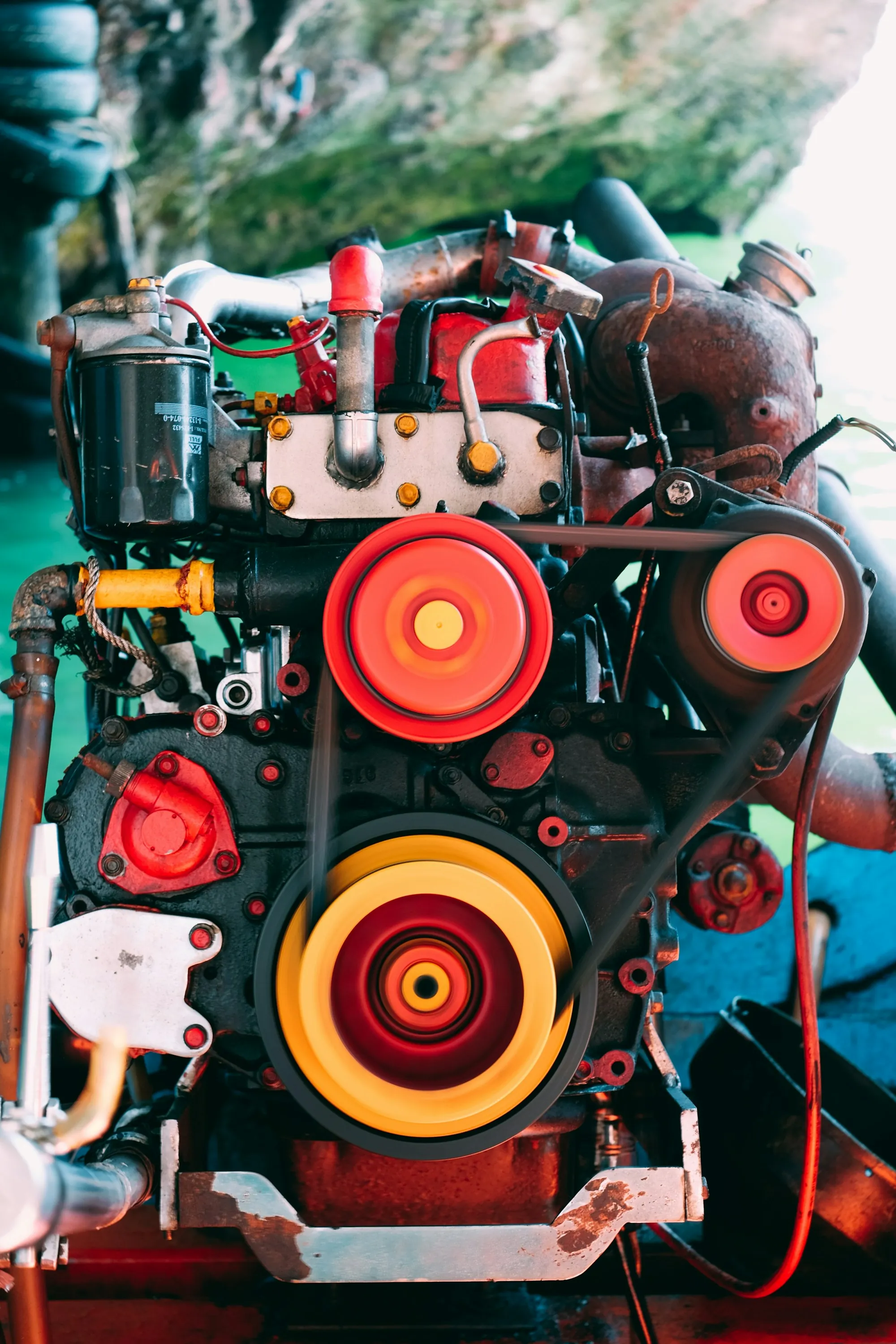 Brightly colored engine pulleys and belts