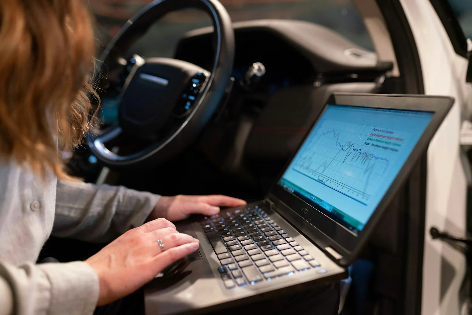 Person using a laptop connected to a vehicle